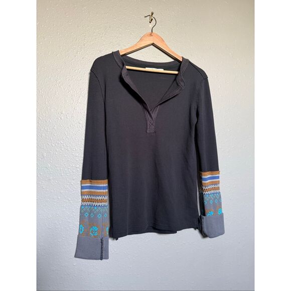 We The Free Mikah Notch Neck Top – Waffle Knit Henley w/ Patterned Sleeves – Siz - Picture 4 of 11